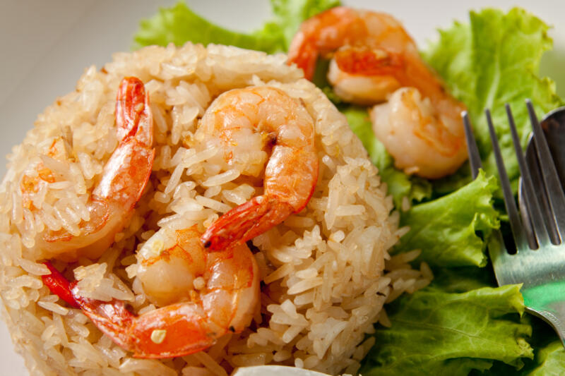 Fried rice with shrimp close-up