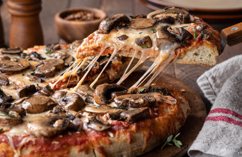 Close-up of mushroom pizza with cheese