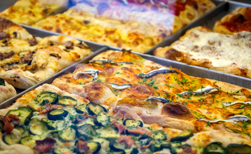 Close-up view of Roman traditional pizzas