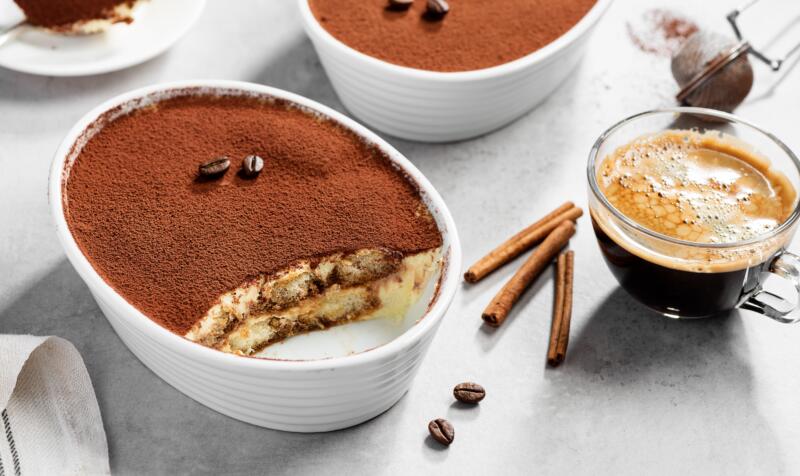 Classic Italian dessert Tiramisu infused with coffee and amaretto