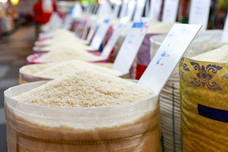 Close up of large bags of Thai rice in a local Asian market