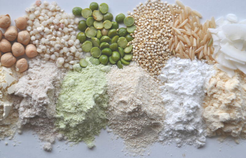 Alternative gluten-free flours, grains, seeds and legumes - teff, amaranth, corn, chickpeas, sorghum, green peas, quinoa, rice, coconut