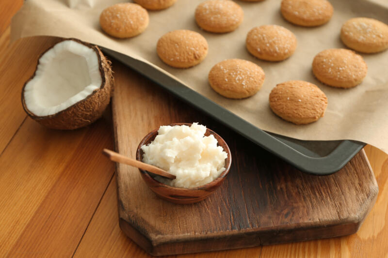 A pan of cookies done with coconut oil on a table