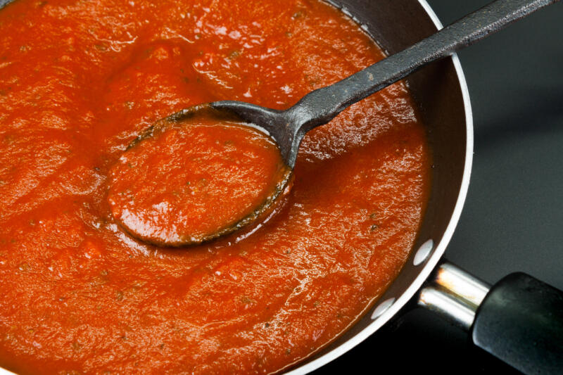 Tomato sauce simmered in a pan
