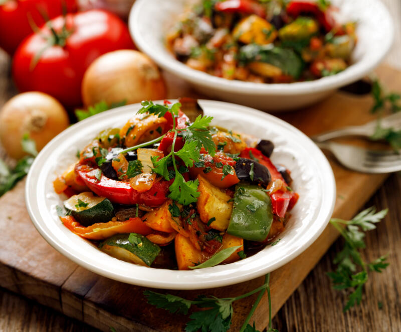 Ratatouille, Vegetarian stew made of zucchini, eggplants, peppers, onions, garlic and tomatoes