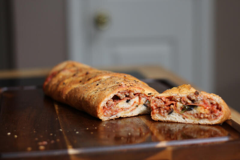 Sliced stromboli out of the oven