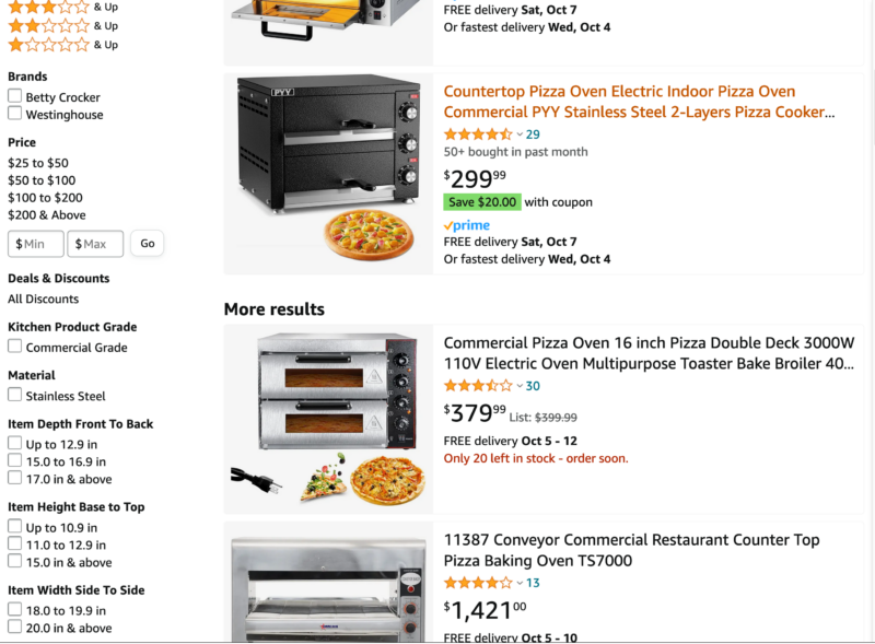 Amazon's page featuring used commercial pizza ovens