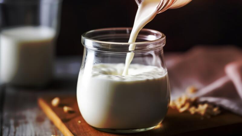Pouring homemade buttermilk in a jar