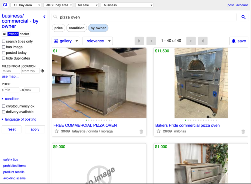 Craigslist page about used commercial pizza ovens
