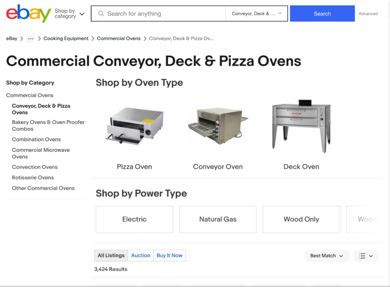 Ebay page featuring used commercial pizza ovens