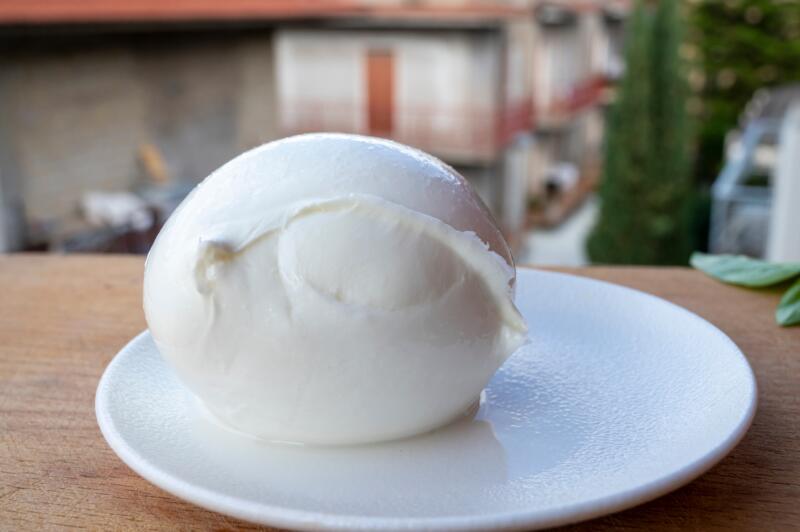 A ball of Mozzarella di Bufala on a plate on a table