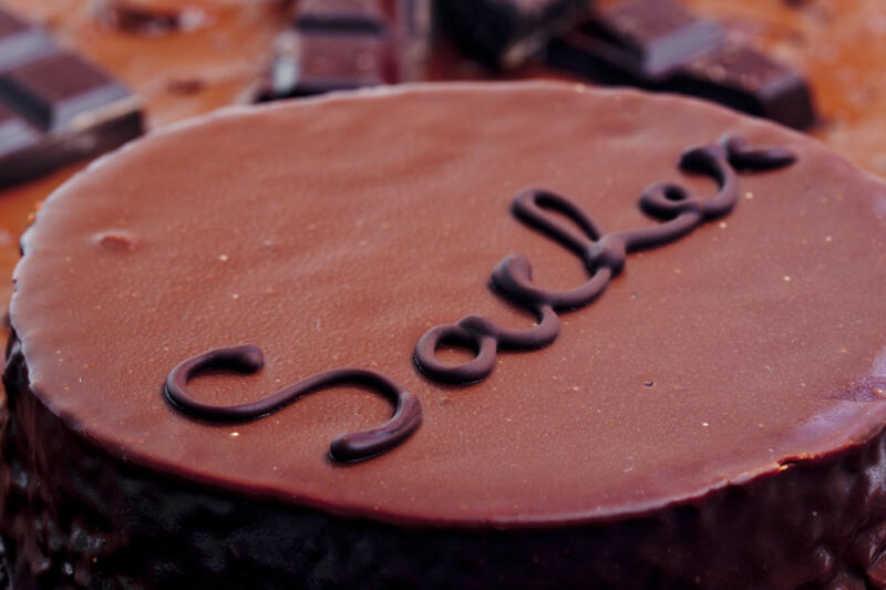 Sacher cake with ganache frosting close-up