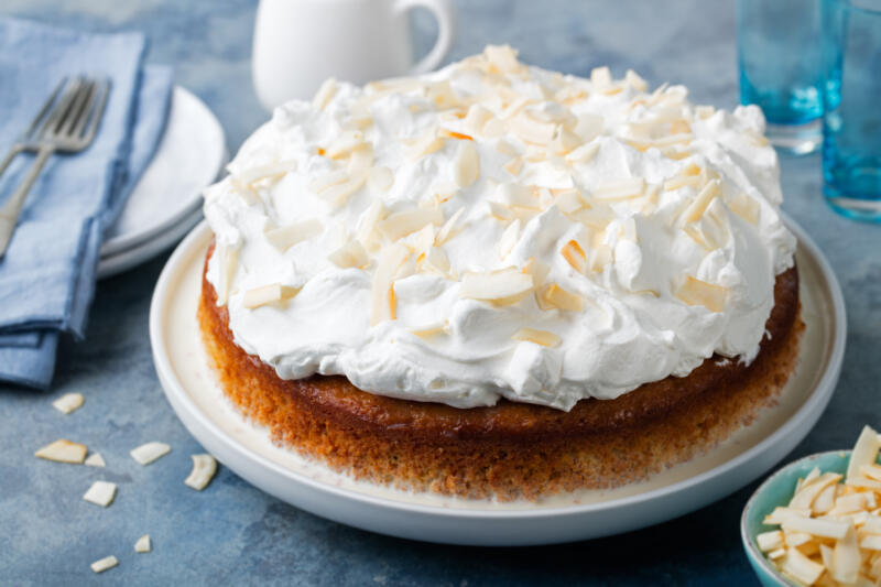 Three milk cake also known as Tres leches cake on a served table