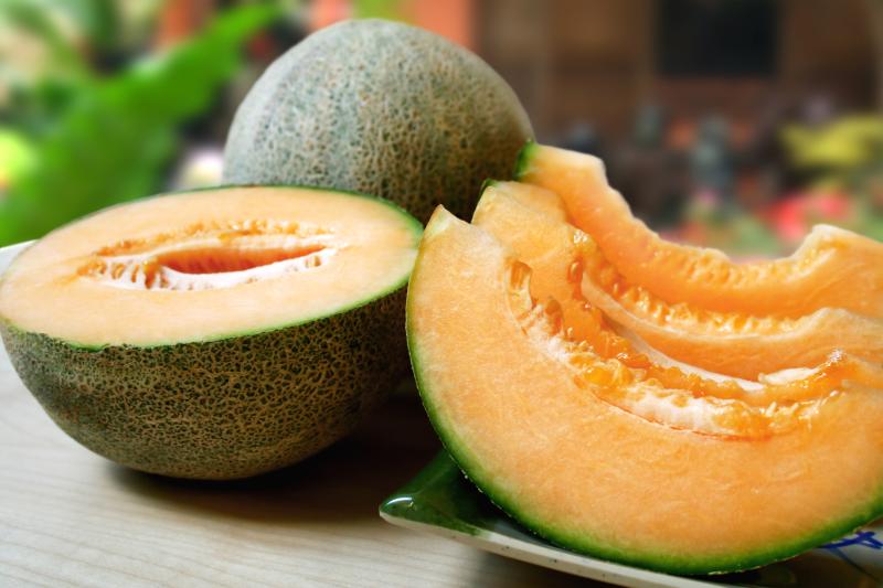 Sliced fresh cantaloupe in an outdoor setting